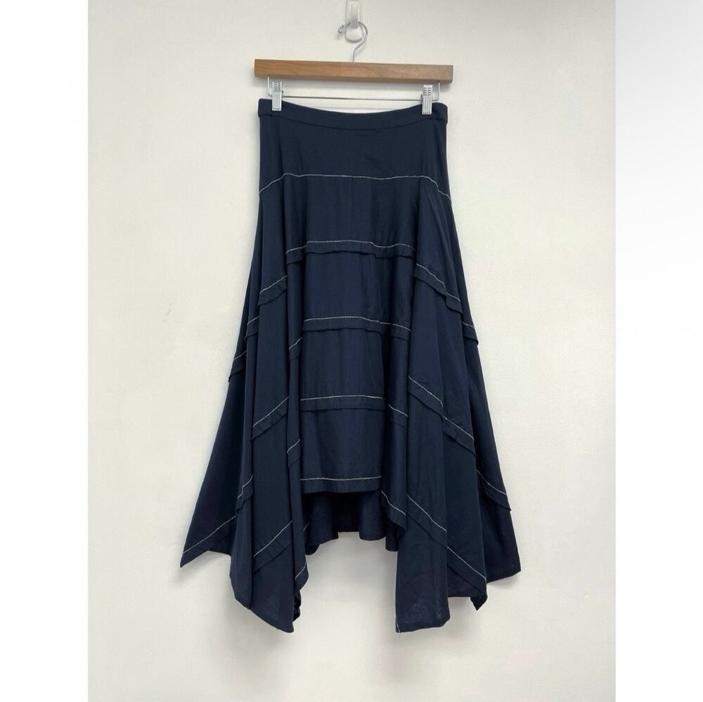 Peserico Italy Tiered Silver Metallic Trim Handkerchief Hem Cotton Midi Skirt 40
